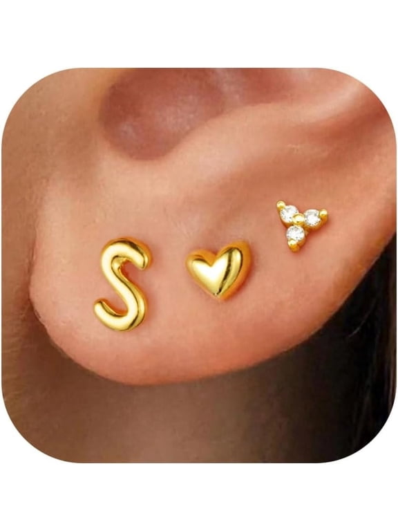 14K Gold Plated Flat Back Earrings for Women Stud Cartilage Hypoallergenic Earrings for Women Trendy 3 Pairs Heart Initial L Earring Set Personalized Birthday gifts