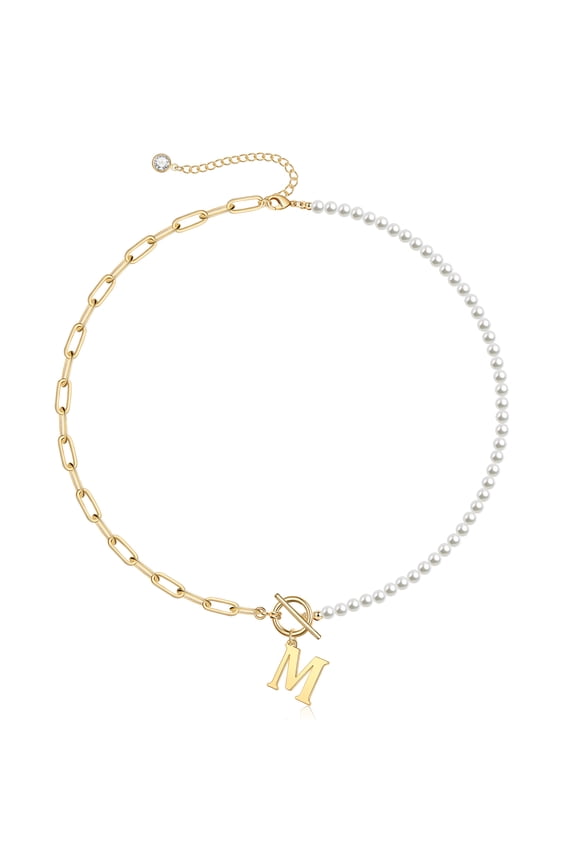 14K Gold Plated Gold Initial Pearl Ot Choker Necklace for Women Dainty Paperclip Link Chain Toggle Clasp Letter A-Z Personalized Jewelry Birthday Wedding Gifts Idea for Women Teen Girls