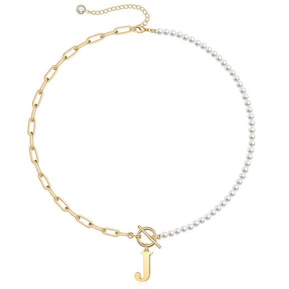 Turandoss 14K Gold Plated Gold Initial Pearl Ot Choker Necklace for Women Dainty Paperclip Link Chain Toggle Clasp Letter A-Z Personalized Jewelry Birthday Wedding Gifts Idea for Women Teen Girls