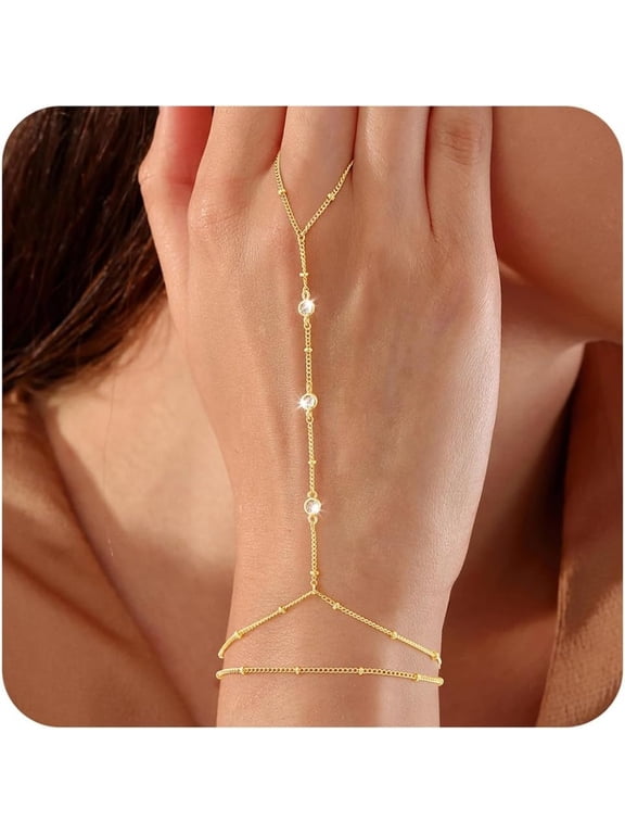 14K Gold Plated Hand Chain Bracelet for Women Dainty Ring Tiny Coin Cubic Zirconia Finger Jewelry Teacher Appreciation Mothers Day Graduation Gifts for Her Mom Kids Teen Girls Wife Ideas