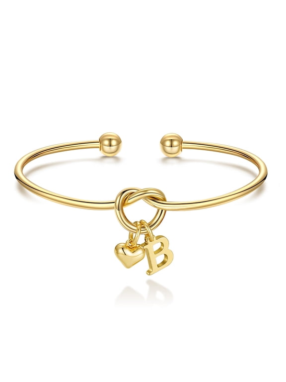 14K Gold Plated Heart Initial Bracelet for Women Girls, Knot Cuff Letter Charm Bracelets Adjustable, Birthday Gifts for Women Girls, B