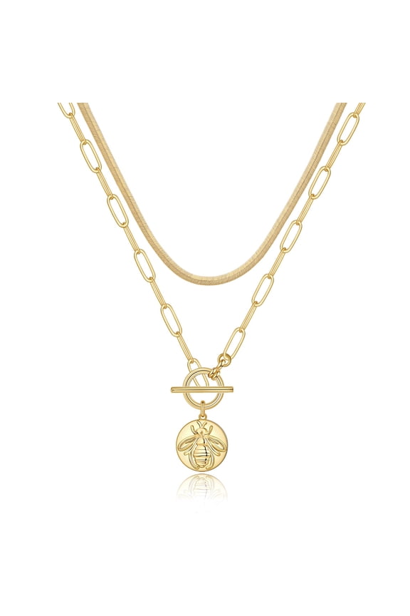 14K Gold Plated Honey Bee Necklace for Women Retro Coin Ot Necklace Snake Chain Necklace Layering Bee Necklaces for Women Her Jewelry