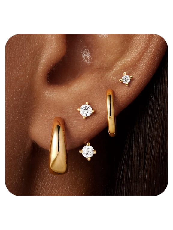 14K Gold Plated Hoop Earring Set Hypoallergenic Flat Back Stud Earrings Stack Small Huggie Jacket Earring for Sensitive Ears Dainty Jewelry Gifts for Women Her Teen Mom