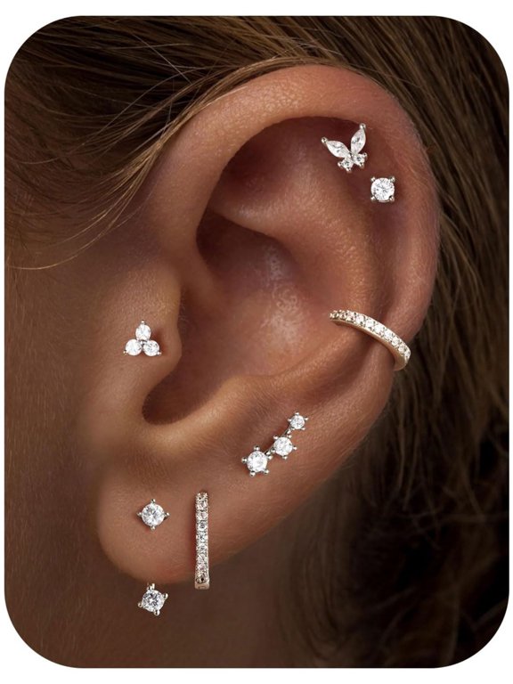 14K Gold Plated Hoop Earrings Set for Women, 6 Pairs Dainty Huggies Earring, Sterling Silver Hypoallergenic Cartilage Earrings, Trendy Earring Stacks for Multiple Piercing Jewelry Gift