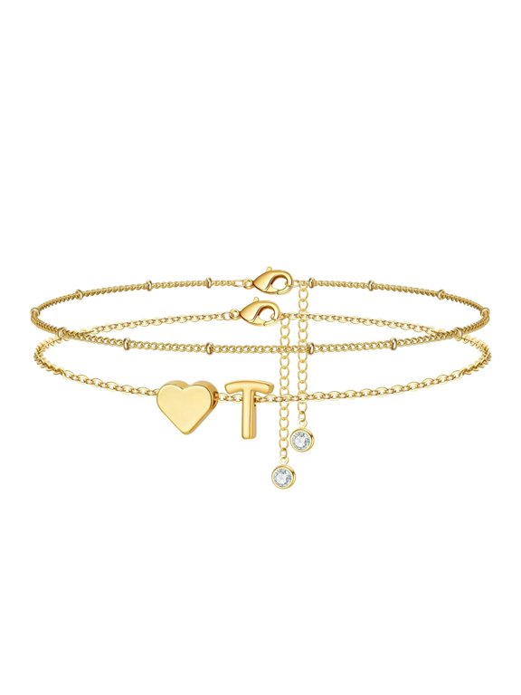 14K Gold Plated Initial Ankle Bracelets for Women - Layered Heart Letter A-Z Dainty Anklets for Women Waterproof, Anklets Jewelry Personalized Birthday Gifts for Women Teen Girls