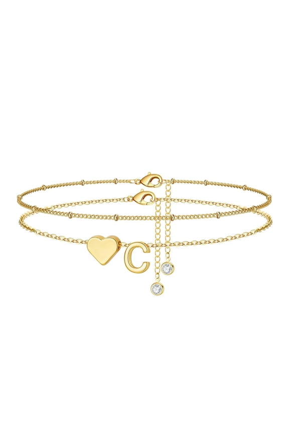 14K Gold Plated Initial Ankle Bracelets for Women - Layered Heart Letter A-Z Dainty Anklets for Women Waterproof, Anklets Jewelry Personalized Birthday Gifts for Women Teen Girls
