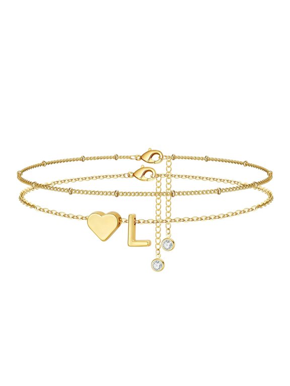 14K Gold Plated Initial Ankle Bracelets for Women - Layered Heart Letter A-Z Dainty Anklets for Women Waterproof, Anklets Jewelry Personalized Birthday Gifts for Women Teen Girls