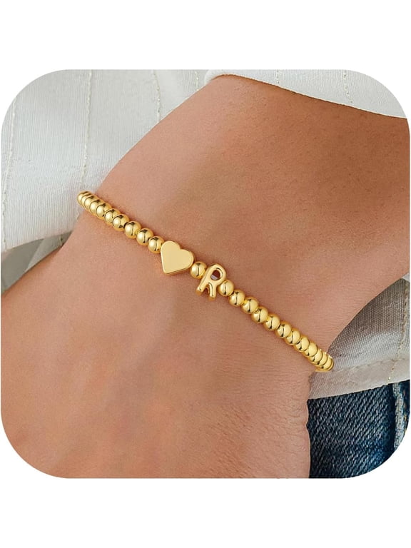 14K Gold Plated Initial Bracelet for Women Girls Dainty 14K Gold Plated Beaded Heart Bracelets for Women Trendy Letter Initial R Charm Personalized Jewelry Birthday Gifts for Women Girls
