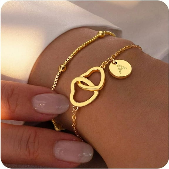 Turandoss 14K Gold Plated Initial Stack Bracelets for Women Dainty Disc Initial A Bracelet Jewelry Satellite Chain Double Hearts Bracelets Personalized Birthday Gifts for Women Jewelry Fashion
