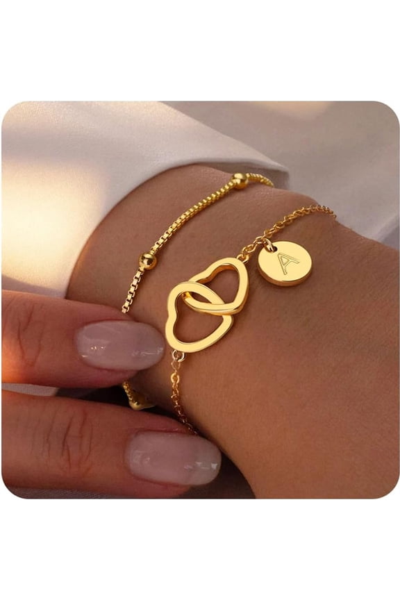 14K Gold Plated Initial Stack Bracelets for Women Dainty Disc Initial A Bracelet Jewelry Satellite Chain Double Hearts Bracelets Personalized Birthday Gifts for Women Jewelry Fashion