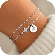 TURANDOSS 14K Gold Plated Layered Disc Initial Dainty Cz Four Leaf Clover Bracelets for Women Girls - Cubic Zirconia Letter A-Z Jewelry Fashion Personalized Wedding Birthday Gifts for Women Girls