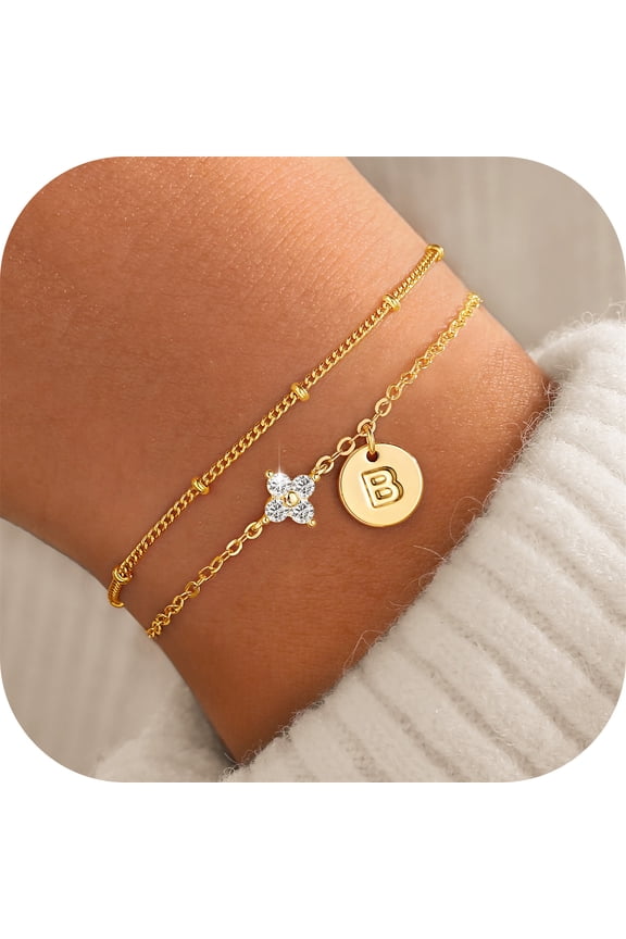14K Gold Plated Layered Disc Initial Dainty Cz Four Leaf Clover Bracelets for Women Girls Cubic Zirconia Letter A-Z Jewelry Fashion Personalized Wedding Birthday Gifts for Women Girls