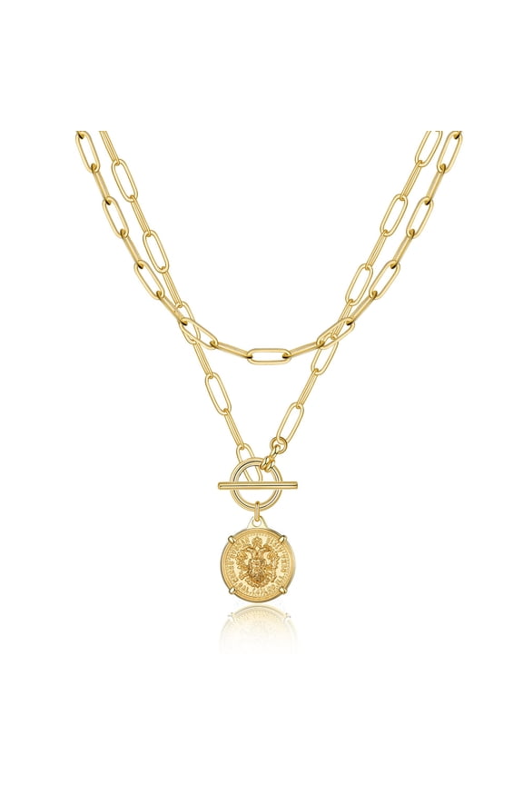 14K Gold Plated Layered Necklaces for Women Vintage Medallion Ot Necklace Retro Paperclip Chain Link Necklace Layered Coin Necklaces for Women Her