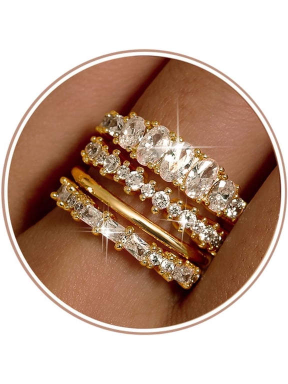 14K Gold Plated Stackable Rings for Women Non Tarnish Dainty Cubic Zirconia Wedding Bands Ring Set Minimalist Trendy Statement Engagement Promise Thumb Rings Stacking Size 6-9