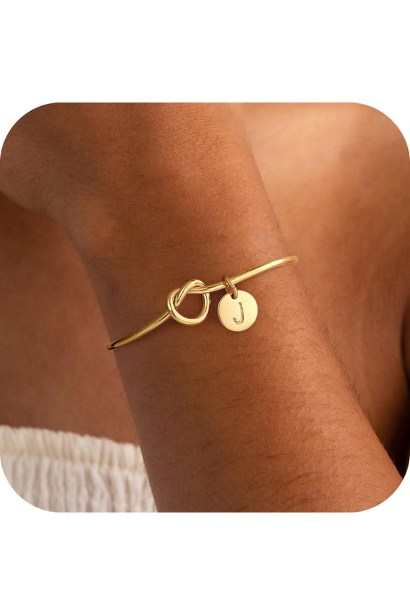 14K Gold Plated Charms Dainty Cuff Bangle Knot Initial Bracelets for Women Adjustable Letter A-Z Jewelry Personalized Birthday Wedding Gifts for Girlfriend Maid of Honor