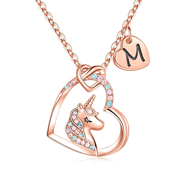 Turandoss 14K Rose Gold Plated Colorful Cz Initial Unicorn Heart Pendant Necklaces for Teens Little Girls Daughter Granddaughter Niece Jewelry Birthday Gifts for Women
