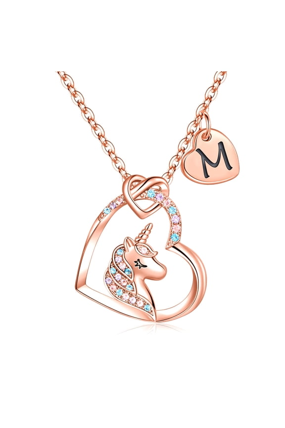 14K Rose Gold Plated Colorful Cz Initial Unicorn Heart Pendant Necklaces for Teens Little Girls Daughter Granddaughter Niece Jewelry Birthday Gifts for Women