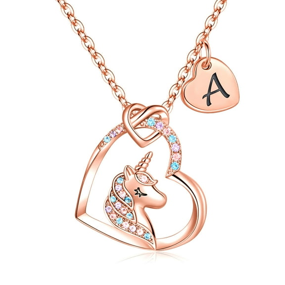 Turandoss 14K Rose Gold Plated Colorful Cz Initial Unicorn Heart Pendant Necklaces for Teens Little Girls Daughter Kids Jewelry Valentines Day Birthday Gifts for Women Girls Age 6-8