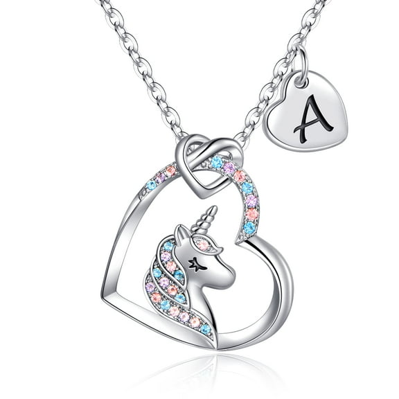 Turandoss 14K Rose Gold Plated Colorful Cz Initial Unicorn Heart Pendant Necklaces for Teens Little Girls Daughter Kids Jewelry Valentines Day Birthday Gifts for Women Girls Kids