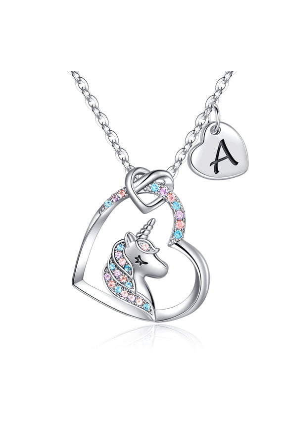 14K Rose Gold Plated Colorful Cz Initial Unicorn Heart Pendant Necklaces for Teens Little Girls Daughter Kids Jewelry Valentines Day Birthday Gifts for Women Girls Kids