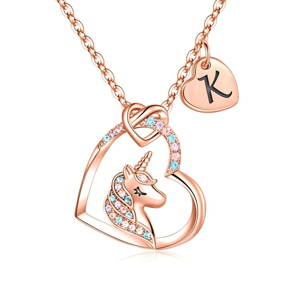 Turandoss 14K Rose Gold Plated Colorful Cz Initial Unicorn Heart Pendant Necklaces for Teens Little Girls Daughter Kids Jewelry Personalized Birthday Gifts for Women
