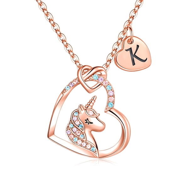 Turandoss 14K Rose Gold Plated Colorful Cz Initial Unicorn Heart Pendant Necklaces for Teens Little Girls Daughter Kids Jewelry Personalized Birthday Gifts for Women