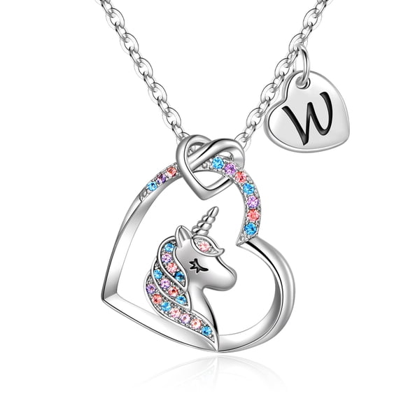 Turandoss 14K White Gold Plated Colorful Cz Initial Unicorn Heart Pendant Necklaces for Teens Little Girls Daughter Kids Jewelry Birthday Gifts for Women Girls Age 8-12