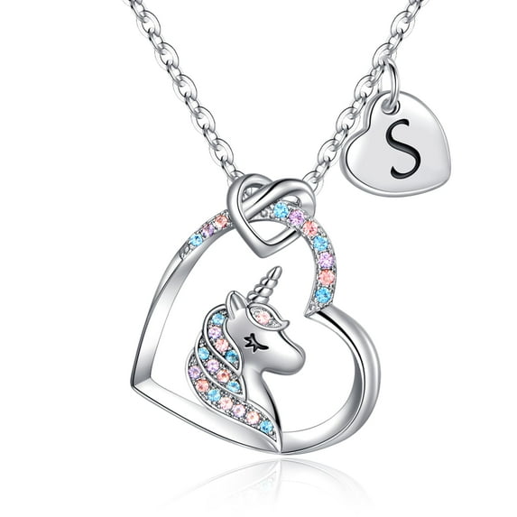 Turandoss 14K White Gold Plated Colorful Cz Initial Unicorn Heart Pendant Necklaces for Teens Little Girls Daughter Kids Jewelry Birthday Gifts for Women Girls Age 6-8