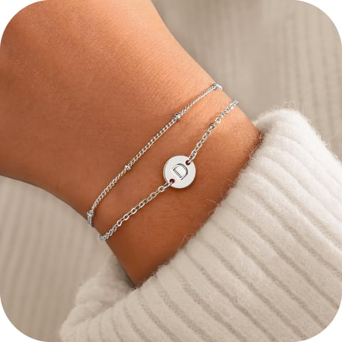 14K White Gold Plated Dainty Charm Disc Layered Initial Link Bracelet for Women Letter A-Z Jewelry Personalized Birthday Gift for Women Girls Fashion