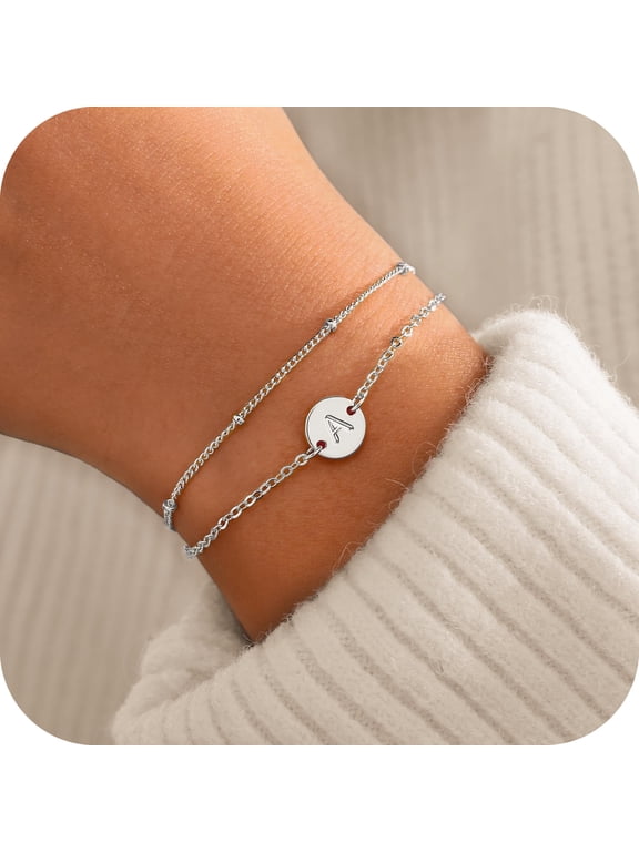 14K White Gold Plated Dainty Charm Disc Layered Initial Link Bracelet for Women Letter A-Z Jewelry Personalized Birthday Wedding Gift for Women Girls
