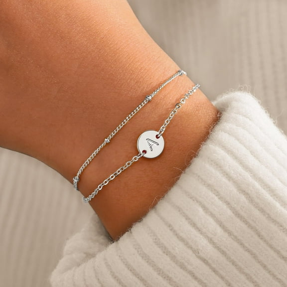Turandoss 14K White Gold Plated Dainty Charm Disc Layered Initial Link Bracelet for Women Letter A-Z Jewelry Personalized Birthday Wedding Gift for Women Girls