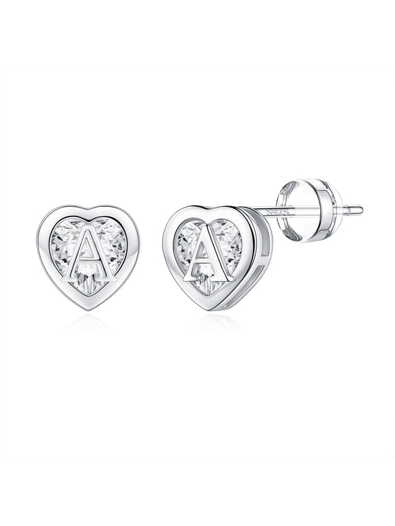 14K White Gold Plated Initial Heart Stud Earrings for Teens Little Girls Daughter Hypoallergenic Kids Jewelry Birthday Gifts for Women Girls Age 8-12