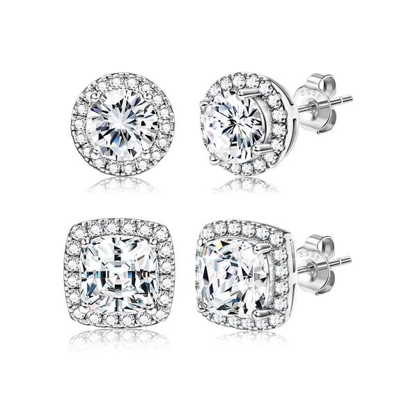 Turandoss 2 Pairs 18K White Gold Plated Halo Stud Earrings for Women Men Sensitive Ears Round CZ Hypoallergenic Non Tarnish Fashion Accessories Jewelry Birthday Gifts for Mom Her Him Teen Wife Adult