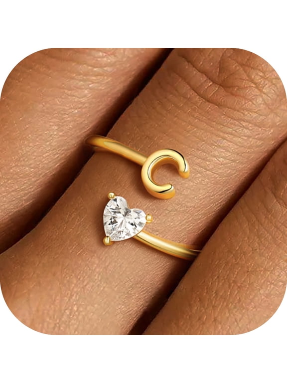 18K Gold Plated Initial Rings for Women Trendy Adjustable Letter A-Z Dainty Heart Cubic Zirconia Initial Ring Birthday Graduation Gifts for Her Teen Mom Girlfriend Ideas