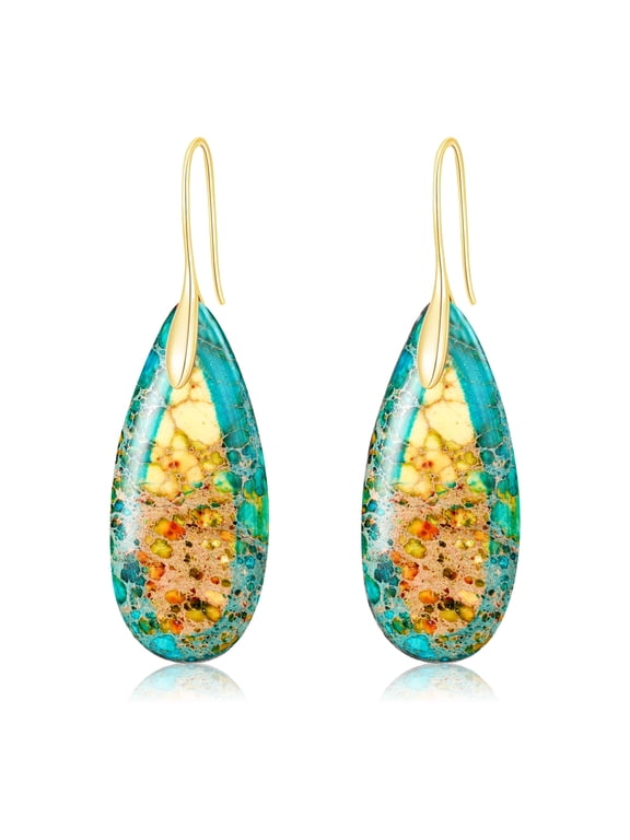 18K Gold Plated Nature Healing Stone Drop Dangle Statement Boho Earrings for Women Sensitive Ears Hypoallergenic Fashion Accessories Jewelry Unique Birthday Gifts for Mom Wife Her Ideas