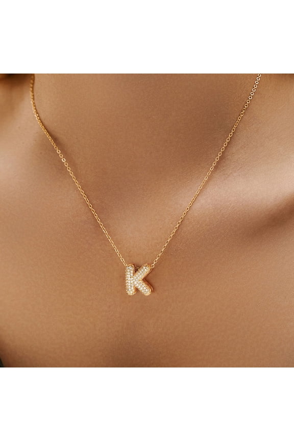 18K Gold Plated Necklace for Women Bubble CZ Pendant Balloon Initial Fashion Accessories Letter A-Z Trendy Jewelry Birthday Back to School Gifts for Women Teen Girls Friends Cousin