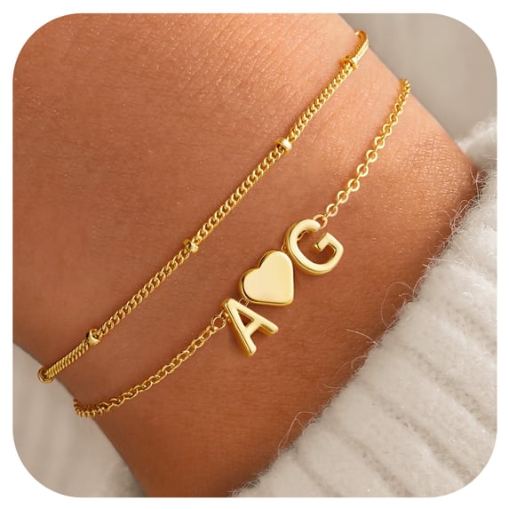 Turandoss 2 Initial Heart Bracelets for Women Dainty Layered 14K Gold Plated Heart Letter A-Z Charm Jewelry Valentine's Day Birthday Gifts for Women Girls Mom Daughter