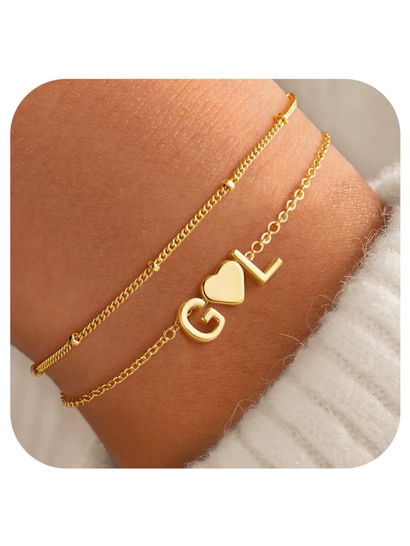 2 Initial Heart Bracelets for Women Dainty Layered 14K Gold Plated Heart Letter A-Z Charm Jewelry Valentine's Day Birthday Gifts for Women Girls Mom Daughter