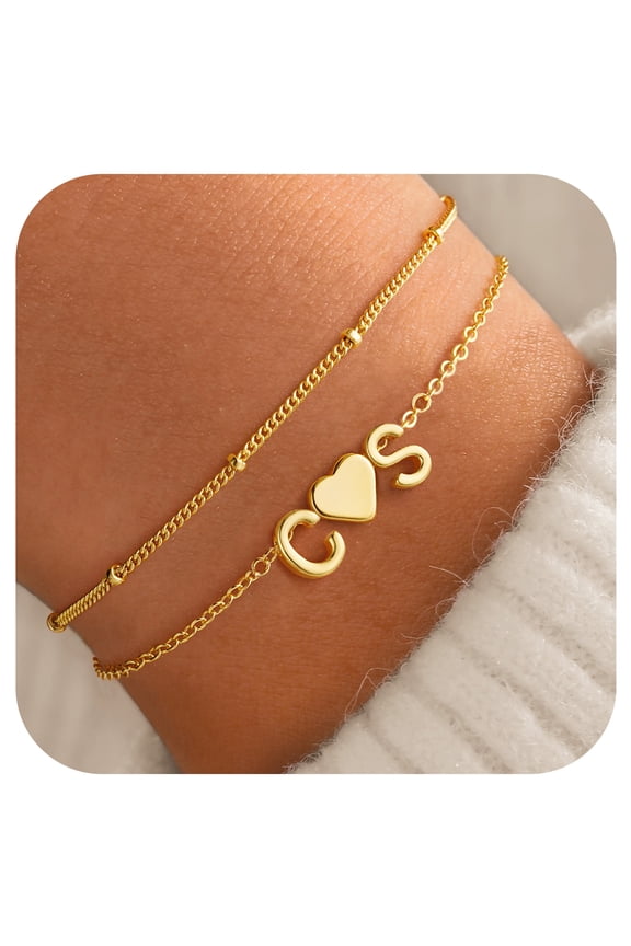 2 Initial Heart Bracelets for Women Dainty Layered 14K Gold Plated Heart Letter A-Z Charm Jewelry Valentine's Day Birthday Gifts for Women Girls Mom Daughter