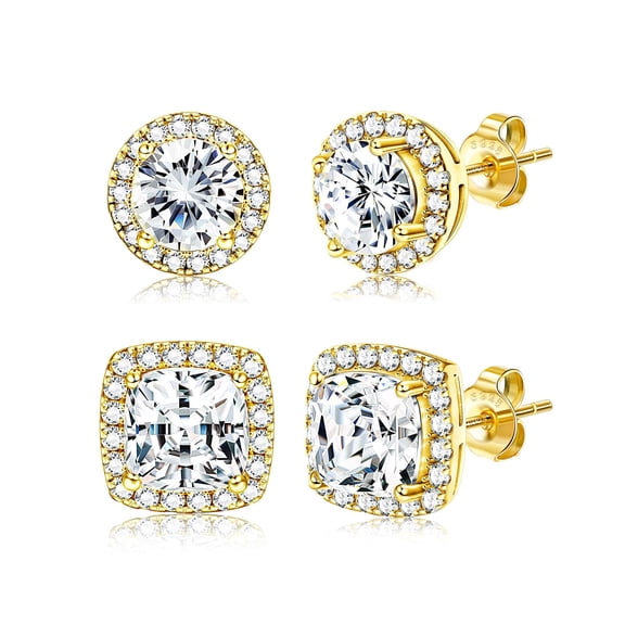 Turandoss 2 Pairs 18K Gold Plated Halo Stud Earrings for Women Men Sensitive Ears Round CZ Hypoallergenic Non Tarnish Fashion Accessories Jewelry Birthday Gifts for Mom Her Him Teen Wife Adult