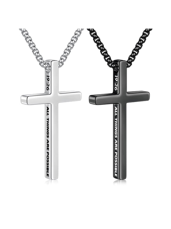 2 Pcs Black Silver Cross Necklace for Men Inspirational Bible Verse Cross Chain for Men Stainless Steel Cross Pendant Box Chain 18-24 inch Birthday Gifts for Men Husband