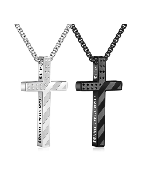 2 Pcs Cross Necklace for Men Boys Silver Black Bible Verse Chain Pendant American Flag Religious Teacher Appreciation Graduation Fathers Day Gifts for Him Her Men Son Dad Boys Girls