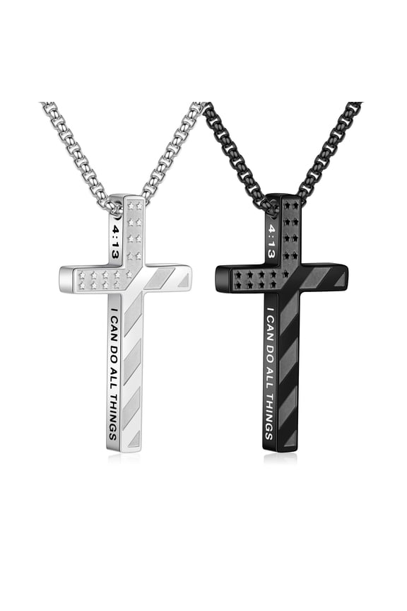 2 Pcs Cross Necklace for Men Silver Black Stainless Steel Bible Verse Cross Chain Pendant for Men Husband American Flag Religious Christian First Communion Baptism Jewelry Gift 22 inches