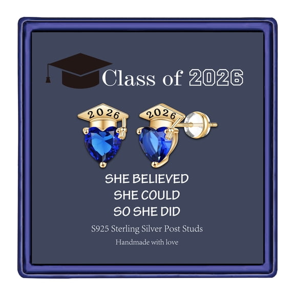 Turandoss 2026 Graduation Gifts for Her Heart Stud Earrings Class of 2026 Personalized Blue Cubic Zirconia Hypoallergenic Stud Trendy Jewelry Gifts for Her Women Best Friends Sister Grad Present