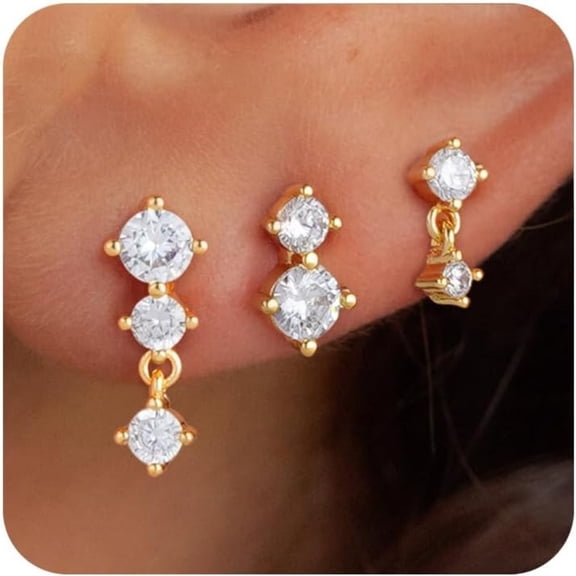Turandoss 3 Pairs Stud Earrings Set for Women 14K White Gold Plated Hypoallergenic Dainty Round Cz Stud Multiple Piercings Jewelry for Women Teen Girls Trendy Valentines Day Birthday Gifts