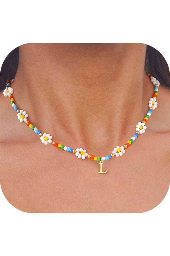 4 5 6 7 8 9 10 11 12 13 14 15 16 Year Old Birthday Gifts for Tween Teen Teenage Girl Gift Idea Colorful Flower Beaded Initial Necklace for Girls Women Dainty Letter A-Z