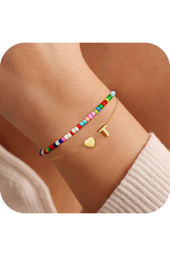 4 5 6 7 8 9 10 11 12 13 14 15 16 Year Old Birthday Gifts for Tween Teen Teenage Girl Gift Idea Layered Beaded Initial Bracelets for Women Girls Cute Heart Colorful Beads Letter A-Z