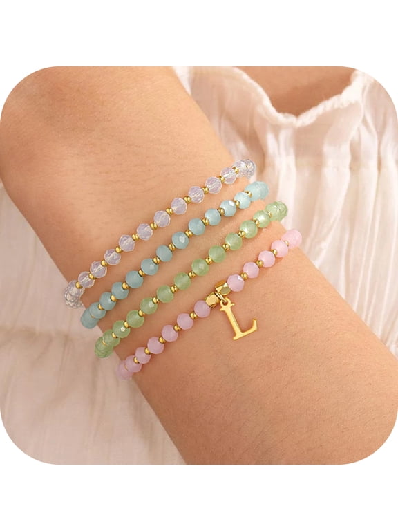 4Pcs Crystal Charms Initial A-Z Bracelets Set Pink/Blue/White/Green Beaded Stretch Bracelet for Women Girls Kid Jewelry Set Personalized Birthday Gifts for Teen Girl Ages 4-6 Fashion