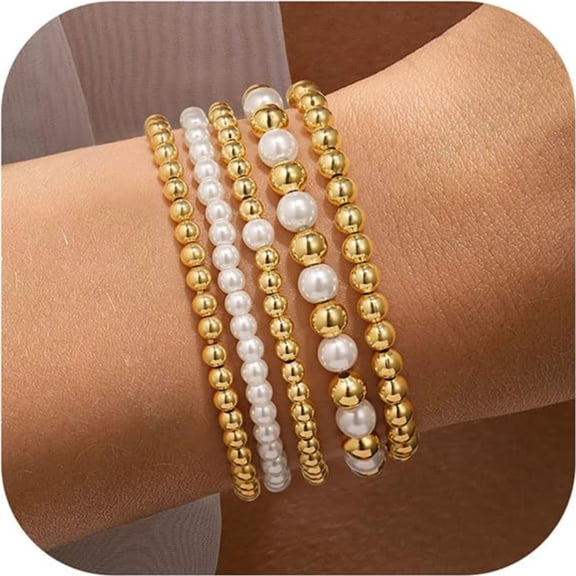 Turandoss 5 Pcs Beaded Bracelets Set for Women Girls 14K Gold Plated Dainty Round Stretch Bohemian Ball Pearl Bracelet for Women Simplicity Multi-Layer Jewelry Religious Birthday Gifts