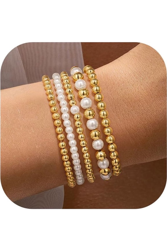 5 Pcs Beaded Bracelets Set for Women Girls 14K Gold Plated Dainty Round Stretch Bohemian Ball Pearl Bracelet for Women Simplicity Multi-Layer Jewelry Religious Birthday Gifts
